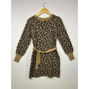 Mob Wife Alison Andrews Women S Tan Leopard Print Belted Knit Mini Sweater Dress